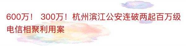 600万！ 300万！杭州滨江公安连破两起百万级电信相聚利用案