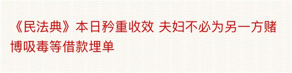 《民法典》本日矜重收效 夫妇不必为另一方赌博吸毒等借款埋单