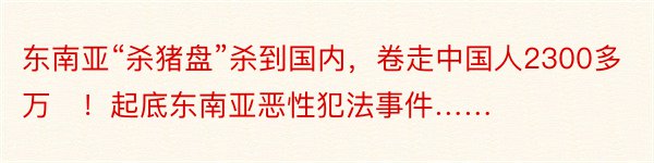 东南亚“杀猪盘”杀到国内，卷走中国人2300多万​！起底东南亚恶性犯法事件……