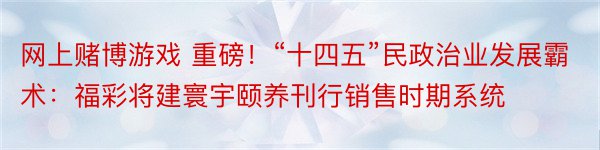 网上赌博游戏 重磅！“十四五”民政治业发展霸术：福彩将建寰宇颐养刊行销售时期系统