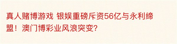 真人赌博游戏 银娱重磅斥资56亿与永利缔盟！澳门博彩业风浪突变？