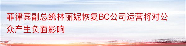 菲律宾副总统林丽妮恢复BC公司运营将对公众产生负面影响